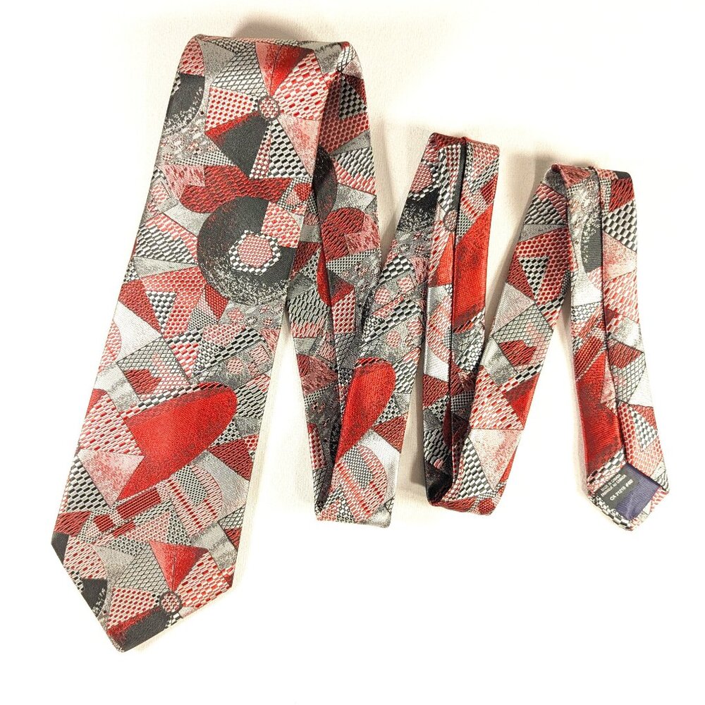 Vintage Jonathan Bryan abstract neck tie, red + chrome umbrella mod necktie,